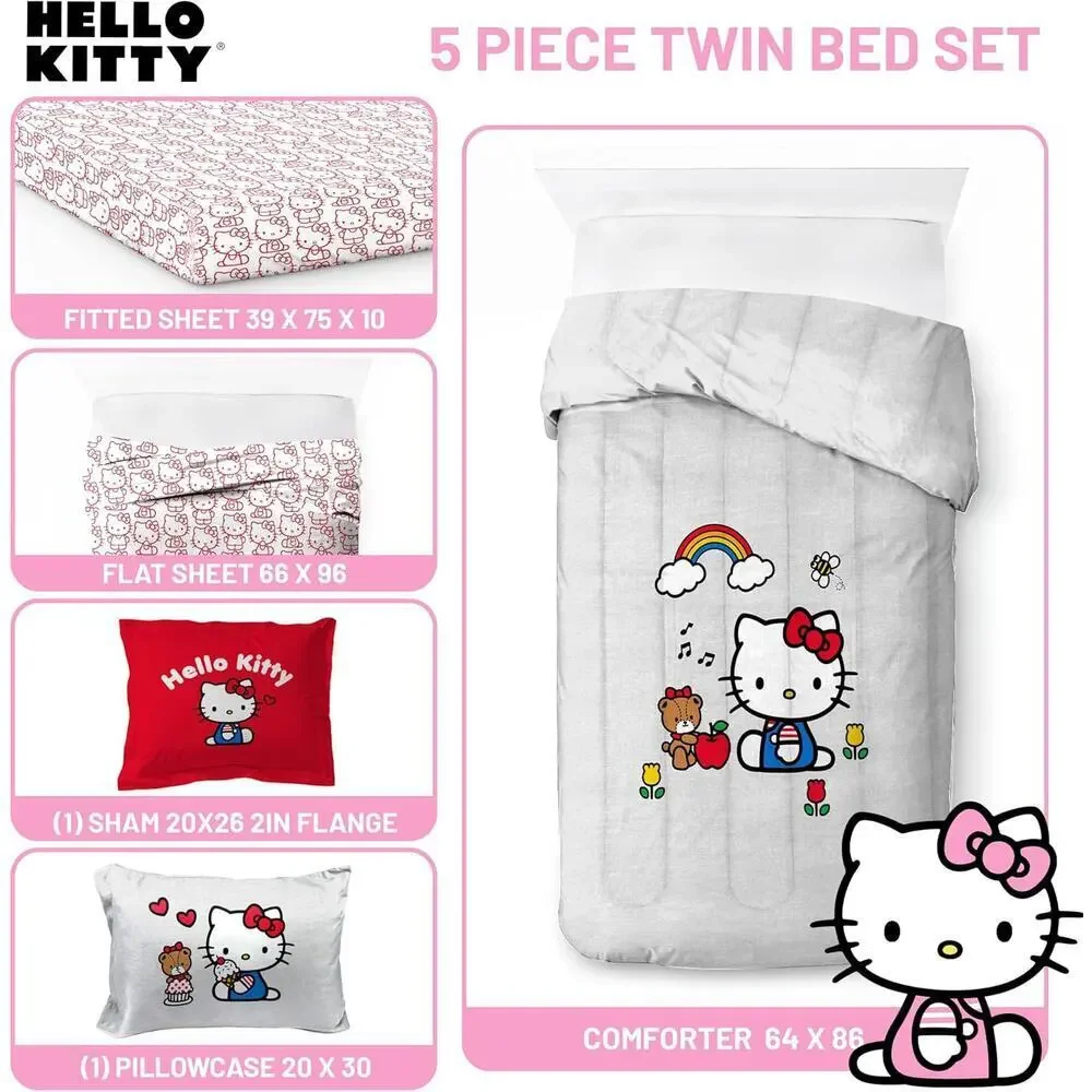 NEW Franco Sanrio Hello Kitty 5 Pc Twin Bedding Comforter & Sheet Set Gray Red